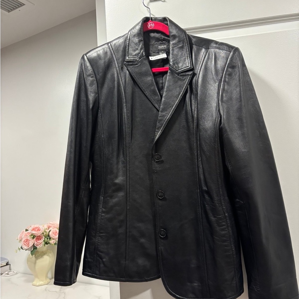 Alfani Black Leather Blazer Jacket with Notched Lapel